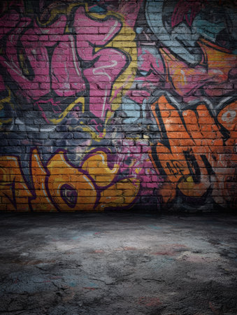 Vibrant urban wall displaying diverse graffiti art and grunge textures, providing an ideal backdrop for creative messages and artistic endeavors.の素材
