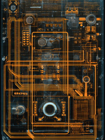 High-tech engineering challenge board featuring a vivid digital interface with neon overlays, highlighting complex circuitry for modern problem-solving.の素材