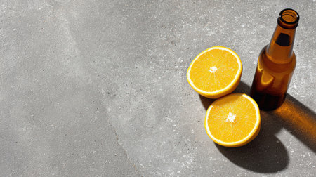 Fresh citrus slices and a light beer bottle rest on textured concrete, illuminated by natural sunlight for a refreshing vibe.の素材