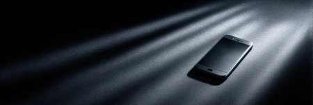 A smartphone with a scam SMS message sits alone in dark surroundings, illuminated by faint shadows, creating a mysterious atmosphere around the device.の素材