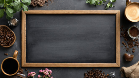 Decorative chalkboard menu mockup is surrounded by coffee beans, cups, and spices, ideal for displaying daily specials in a vibrant coffee shop setting.の素材