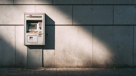 A skimming device near an ATM on a shadowy wall hints at a security threat in the urban area.の素材