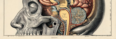 This vintage scientific illustration reveals a detailed cross-section of the human head, highlighting various anatomical structures and their relationships.の素材
