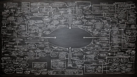 Chalkboard mind map with interconnected concepts for brainstorming, organization, and space for future ideas.の素材