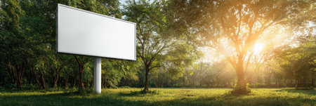 The vacant white billboard is set in a lush green park, illuminated by warm sunshine, creating a peaceful environment with trees and lens flare.の素材