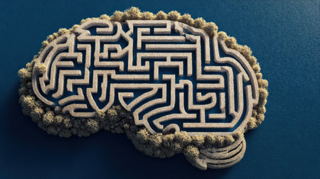 A unique labyrinth crafted in the shape of a brain invites exploration, showcasing winding paths surrounded by vibrant greenery and calm blue water below.の素材