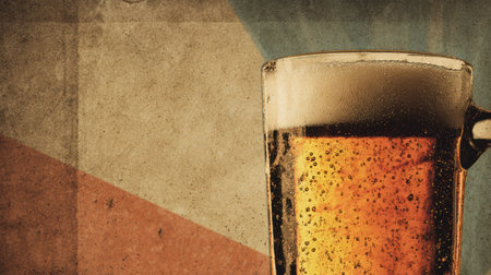 A glass filled with golden amber beer stands prominently against a textured retro backdrop, evoking a nostalgic feel of classic taverns and breweriesの素材