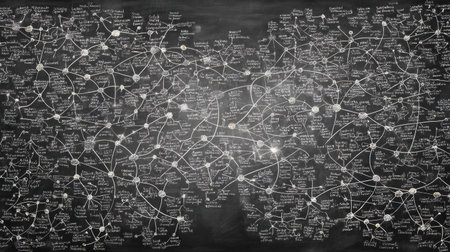 Complex mind map drawn across a chalkboard with various concepts linked by lines, showing a brainstorming session in an educational setting.の素材