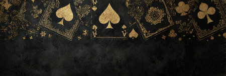 This black and gold wallpaper features elegant playing cards on a dark backdrop, creating a luxe poker-themed ambiance.の素材