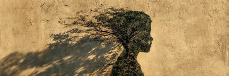 Silhouette of a tree creating the appearance of a person growing, cast on a textured wall, symbolizing inner growth and the concept of freedom.の素材