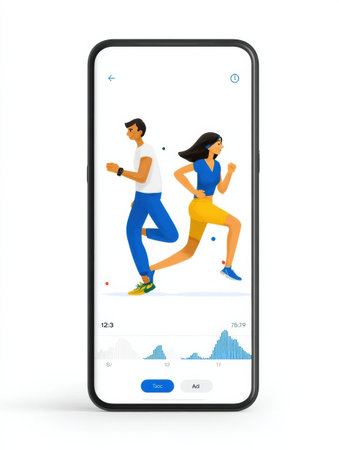 Two animated figures are running side by side on a smartphone display, featuring a vibrant app interface that tracks their running statistics and performance.の素材