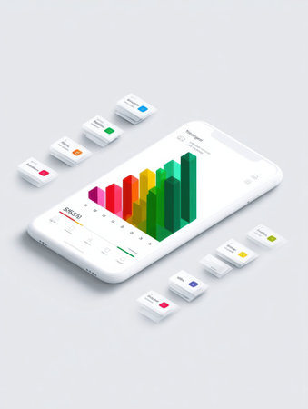 A mobile device shows colorful bar graphs of data trends, with small icons representing different metrics for analysis.の素材