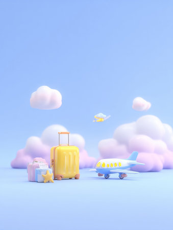 Luggage in vibrant colors alongside a small airplane and fluffy clouds create a delightful travel atmosphere in a serene blue sky.の素材