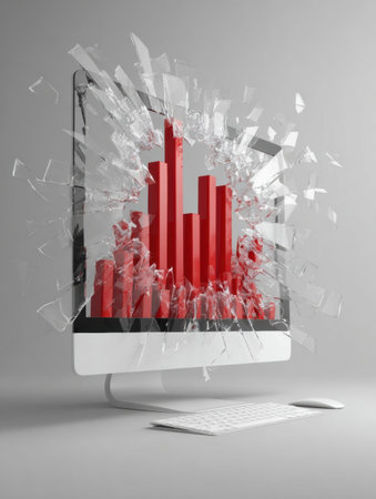 A striking visual of a red bar graph bursting through a computer monitor surrounded by shards of broken glass, symbolizing disruption in data analysis.の素材