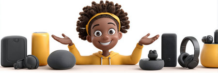 A young boy with curly hair is joyfully presenting an array of different audio devices. The background is bright and inviting, emphasizing his excitement.の素材