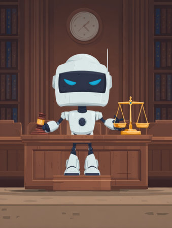 A cartoon robot judge stands confidently at a wooden courtroom bench holding a gavel in one hand and scales of justice in the other amidst shelves of books.の素材