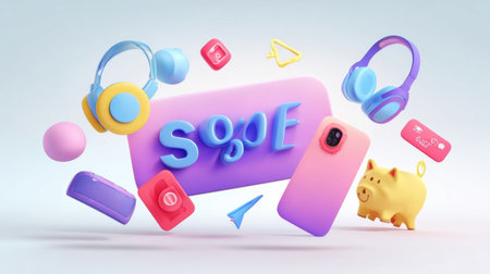 A lively arrangement of various toys and gadgets, showcasing a piggy bank, headphones, mobile phone, and playful geometric shapes in pastel colors.の素材