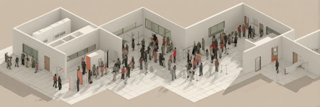 Numerous individuals gather inside a modern facility, interacting and participating in different activities, creating a lively atmosphere during daylight hours.の素材