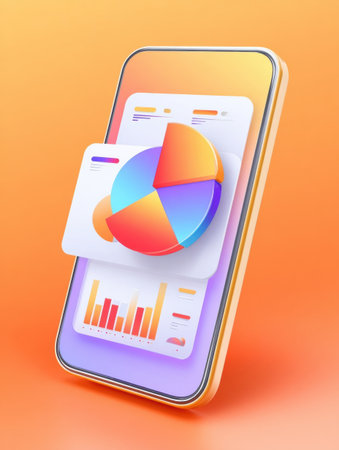 Mobile device displays colorful charts and graphs illustrating analytics data, designed with a vibrant orange background for a modern feel and clarity.の素材