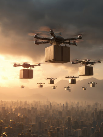 Multiple drones transport packages above a sprawling city as the sun sets, casting a warm glow over the skyline and mountains in the distance.の素材