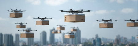 Multiple drones navigate through a clear blue sky delivering packages above a bustling city, showing advancements in logistics and technology.の素材