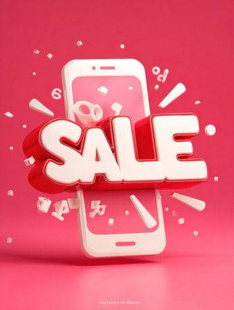 Vibrant pink background features a bold sale announcement creatively integrated with a smartphone, emphasizing the excitement of discounts and offers.の素材