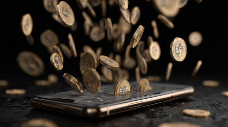Golden digital coins scatter over a smartphone screen in a dark environment, illustrating the modern intersection of technology and cryptocurrency finance.の素材
