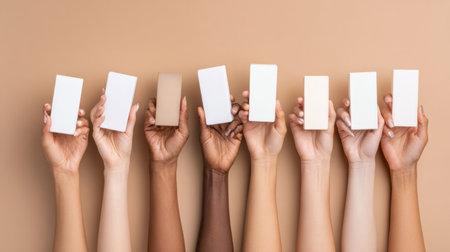 Hands of different skin tones hold rectangular samples against a soft beige backdrop, representing diversity in beauty and the importance of inclusivity.の素材
