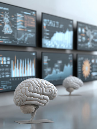Futuristic workspace features brain sculptures in front of multiple screens showing data analytics and complex visualizations during daytime.の素材