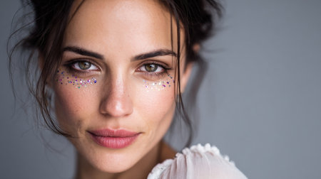 A woman poses with a confident expression, showing casing sparkling makeup under soft lighting, highlighting her eyes and enhancing her natural beauty in a studio.の素材