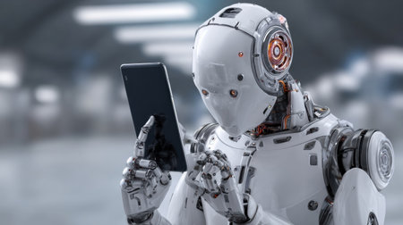 A humanoid robot examines a smartphone in a sleek, futuristic setting filled with soft lighting, highlighting its advanced design and technology.の素材