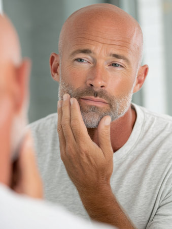 Man examines his beard and skin in the mirror, engaged in a personal grooming routine during the morning in a modern bathroom with natural light.の素材