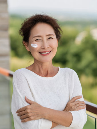 A woman stands on a balcony, smiling and applying a cream to her face while surrounded by lush greenery, basking in the warm sunlight.の素材