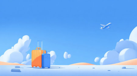 Bright luggage stands on sandy ground as a plane soars in the blue sky, capturing the essence of a joyful travel adventure.の素材
