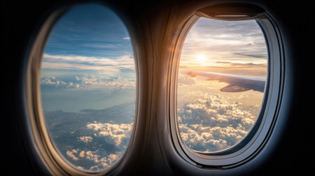 Passengers enjoy a breathtaking view as the airplane soars through the sky, showcasing fluffy clouds and a vibrant sunset over the horizonの素材