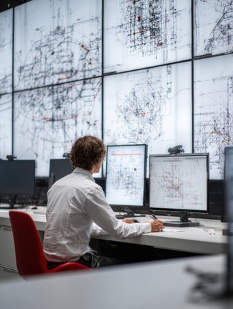 A person in a white shirt is focused on interpreting intricate data displayed on multiple monitors in a contemporary workspace during daytime.の素材