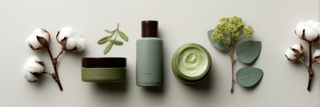 Various skincare products are beautifully displayed alongside fresh cotton bolls and green foliage, emphasizing a natural, organic aesthetic.の素材