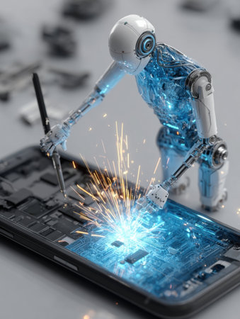 A robot works diligently on a smartphones internal components, generating sparks as it repairs circuits, showing advanced technology in action.の素材