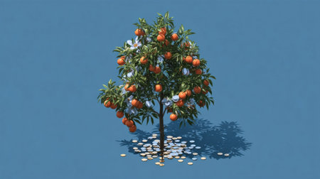 A vibrant orange tree with ripe fruits stands out, surrounded by scattered coins, symbolizing prosperity in bright daylight.の素材