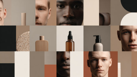Male faces and skincare items combine to showcase a harmonious mix of textures and neutral tones, highlighting grooming essentials.の素材