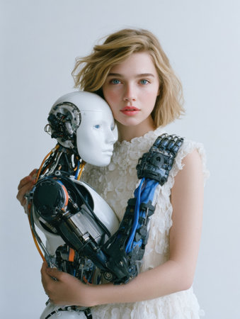 A young woman with flowing hair hugs a humanoid robot, showcasing a blend of beauty and technology in a contemporary art setting.の素材