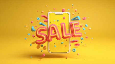 Bright yellow background highlights a sale announcement with a smartphone surrounded by colorful shapes, promoting an exciting shopping event.の素材