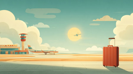 A vibrant travel scene featuring a red suitcase waiting on the tarmac as an airplane takes off against a backdrop of bright clouds and a setting sun.の素材
