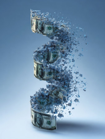 Currency is depicted as it spirals upward while transitioning into digital fragments, showing the concept of money changing form in a unique manner.の素材