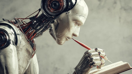A humanoid robot intensely focuses on reading a book and writing notes, showing the intersection of technology and contemplation in a simple setting.の素材