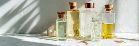 Various glass containers filled with essential oils are displayed on a light surface, capturing the warm midday light and creating soft shadows.の素材