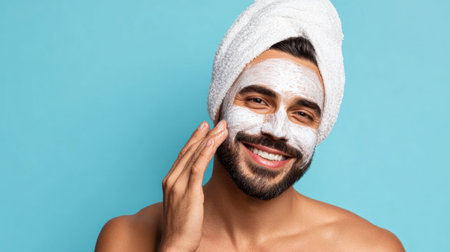 Smiling man enjoys a rejuvenating facial mask while wearing a towel, showcasing a moment of relaxation and self-care in a vibrant blue background.の素材
