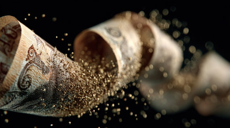 Currency twists through the air, releasing a cloud of golden particles that add a magical touch to the movement, capturing the essence of wealth and luxury.の素材