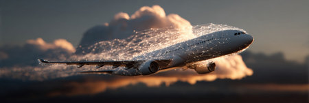 An airplane glides through the clouds during sunset, with bright digital connections visually emerging around it, blending technology and nature beautifully.の素材