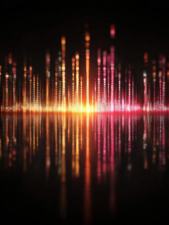 Vibrant sound waves illuminate the dark background, reflecting colorful patterns during a lively electronic music event at night.の素材